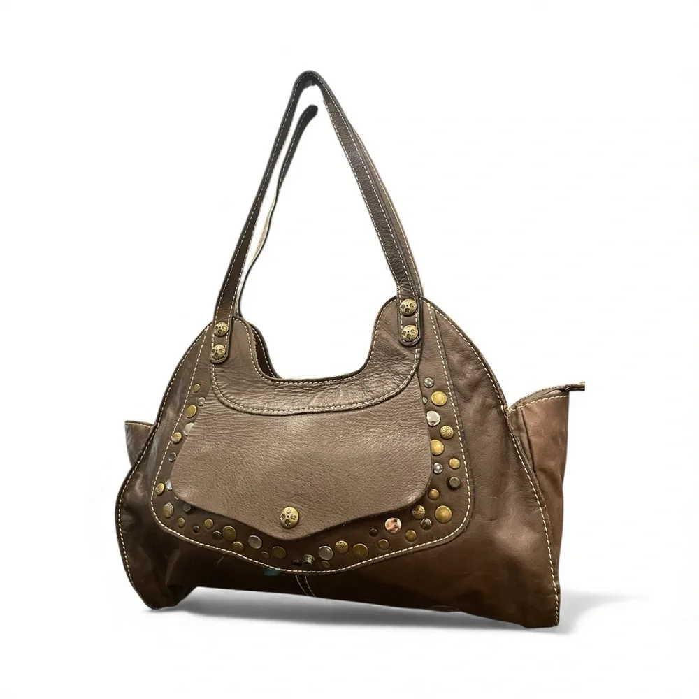 Patricia Nash‎ Brown Leather Purse Hobo Boho Metal Studs Double Handle Casual